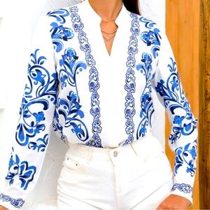 Floral Print Notch Neck Shirt ~ Size L ~ NWOT